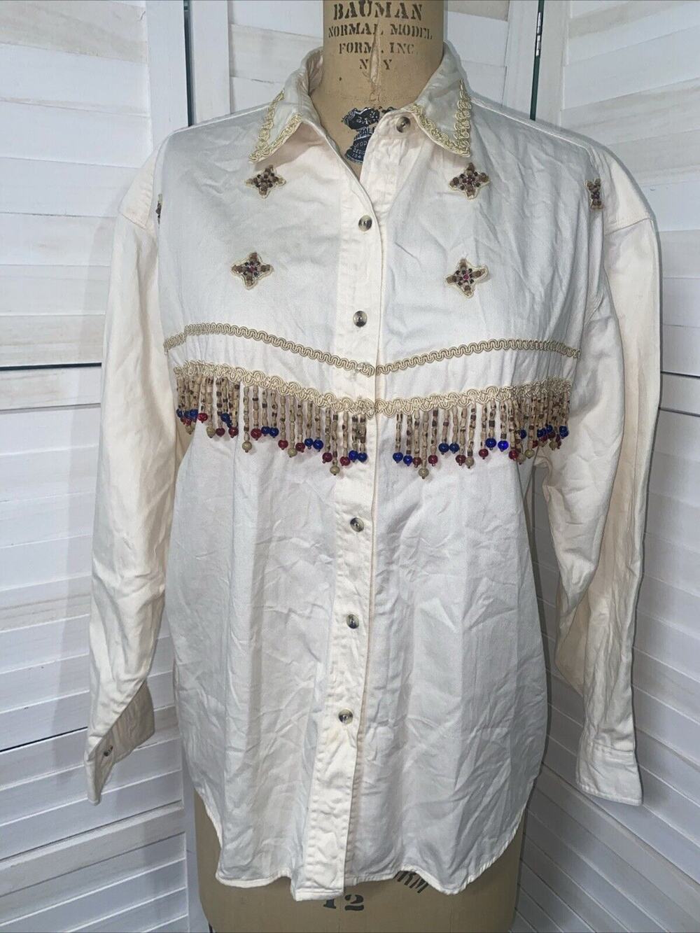 90s At Last Basics Shirt Beaded Aztec Button Up Long Sleeve Ivory Shirt Large